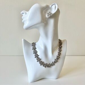Silver Floral Rhinestone Necklace & Earrings Set
